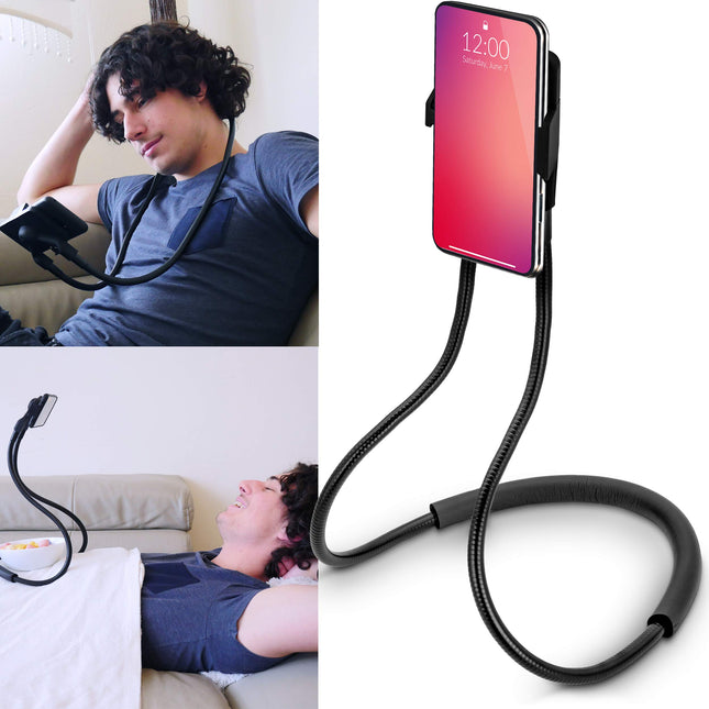 Flex'n'Chill originaal kaelakinnitusega telefonihoidik, polstriga, hanekaelaga telefonialus, telefonihoidik voodis lamades kõikidele nutitelefonidele, iPhone'ile, Samsungile, kaelakinnitus