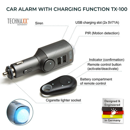 Technaxx TX-100 auto-, haagissuvila- ja paadialarm/mobiilne minialarm liikumistuvastusega + kaugjuhtimispult ja autolaadija - 2x USB, 6 päeva ooterežiimis, 110db alarmiheli heidutuseks