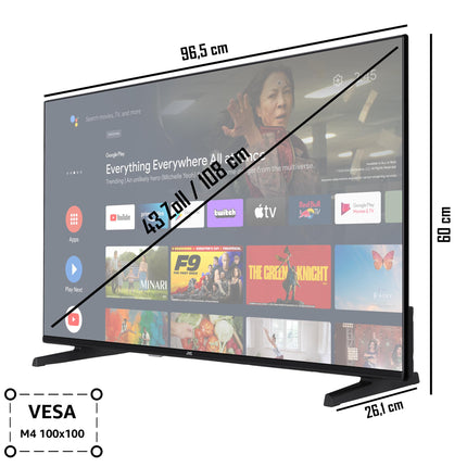 JVC LT-43VA3355 43-tolline televiisor/Androidi nutiteler (4K Ultra HD, HDR Dolby Vision, kolmekordne tuuner, Bluetooth, Dolby Atmos) [2023], must