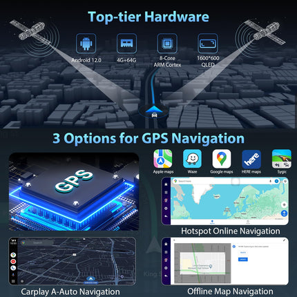 CARPURIDE juhtmevaba CarPlay ja Android Auto 4+64 GB, võrguühendusega ja võrguühenduseta GPS, G00GLE Play, Netflix, Mirror Link, Bluetooth, GPS-antenn, tahavaatekaamera, täisekraan 10,26", ekraanipind 9,3".