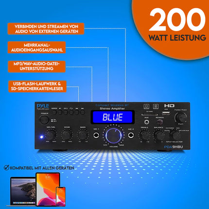Pyle võimendi, HiFi stereovõimendi, Bluetooth-võimendi, võimendi, mini-stereoressiiver, 200 W mitmekanaliline HDMI-ühendusega, optiline/phono/koaksiaalühendus, FM-raadio, USB/SD/AUX/RCA, mikrofonisisend kaugjuhtimispuldiga