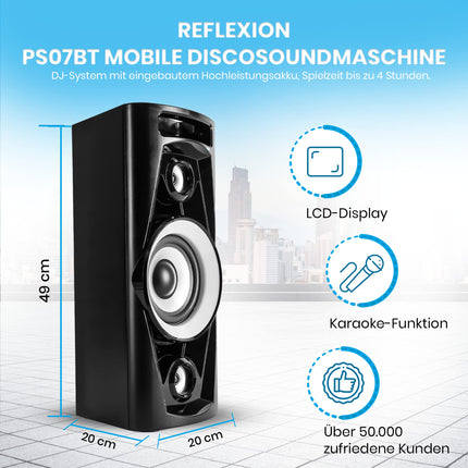 Reflexion PS07BT Mobile Disco Sound Machine (Bluetooth, True Wireless Stereo, Radio, USB, AUX-IN, Karaoke Function and Battery) Black
