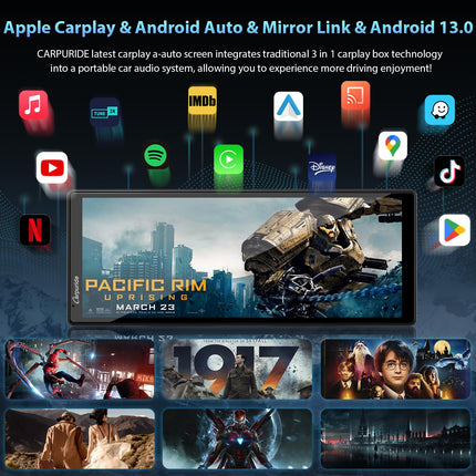 CARPURIDE juhtmevaba CarPlay ja Android Auto 4+64 GB, võrguühendusega ja võrguühenduseta GPS, G00GLE Play, Netflix, Mirror Link, Bluetooth, GPS-antenn, tahavaatekaamera, täisekraan 10,26", ekraanipind 9,3".