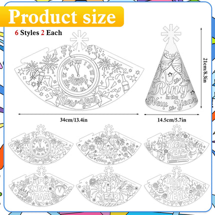 HOWAF New Year's Eve Decorations 2025 for Coloring, 12 New Year's Eve Party Hats to Color, New Year's Eve Hats, New Year's Eve Party Hats, Coloring New Year's Eve Games for Kids, New Year's Eve Accessories, Happy New Year Decorations 2025