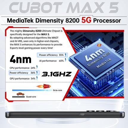 CUBOT MAX 5 (2024) 5G mobiiltelefon ilma lepinguta - 24GB+256GB nutitelefon ilma lepinguta, 6,95" FHD+ (144Hz) mängutelefon, 100MP kaamera, 5100mAh/33W, kahe SIM-kaardiga 5G/Android 14/NFC/Face ID/BT5.3/WiFi 6