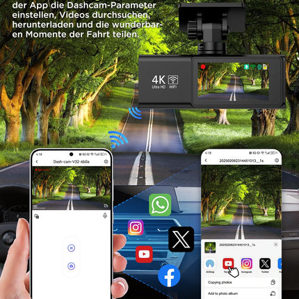 Topabol autoregistraator, 4K + 1080P autoregistraator ees ja taga, WiFi-ga autoregistraator 64 GB SD-kaardiga, kahekordne autokaamera öönägemisega, 170° lainurk WDR, G-andur, tsükkelsalvestus, rakenduse juhtimine, max 256 GB