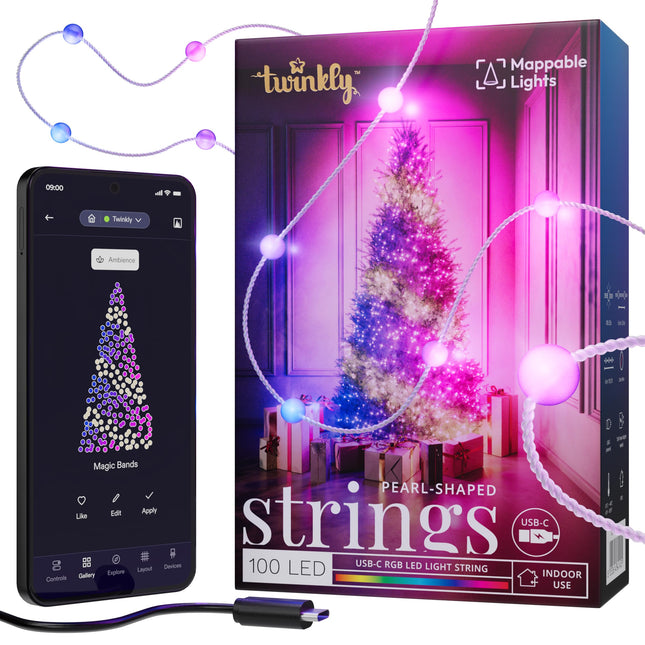 Twinkly Strings USB-C Pearls 100 LED, LED pearl-shaped fairy lights, RGB LED lights, multicolored, Valentine's Day lights, compatible with Alexa and Google Home, USB-C, transparent cable, 6 m