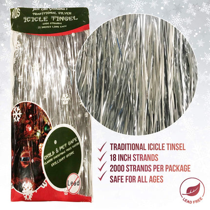 Premium Silver Tinsel for Christmas Tree, 2000 Old-Fashioned Shiny Mylar Threads, Child and Pet Safe (Lead-Free), for Hanging with Ornaments and Christmas Decorations Silver