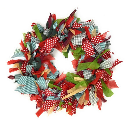 Christmas wreath, Christmas decoration, handmade, made from recycled, seasonal multi-colored, green, red fabric, GoodWeave certified, 30 cm diameter, suitable as a mobile, door or wall hanging