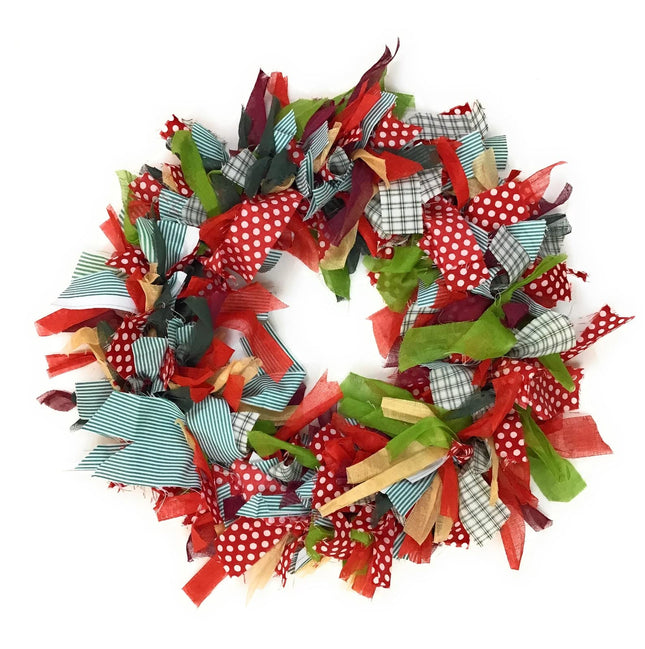 Christmas wreath, Christmas decoration, handmade, made from recycled, seasonal multi-colored, green, red fabric, GoodWeave certified, 30 cm diameter, suitable as a mobile, door or wall hanging