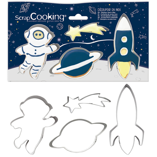 ScrapCooking – 4 roostevabast terasest küpsisevormi – astronaut, langev täht, rakett, planeedid – väikeste kookide kujundid – sünnipäevakaunistuste küpsetamise tarvikud – 2084