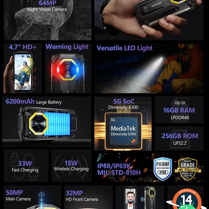 Ulefone Armor Mini 20 Pro 4.7-tolline HD+ õues kasutatav nutitelefon, 16GB + 256GB/2TB 64MP öise nägemisega kaamera Android 14, 6200mAh, IP68 mobiiltelefon ilma lepinguta 5G kahe SIM-kaardi/OTG/NFC/GPS