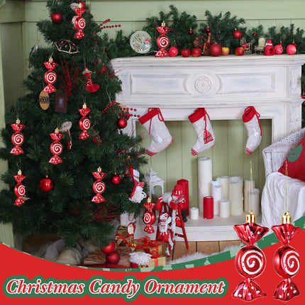 Threan 12 Christmas Tree Candy Christmas Tree Decorations Candy Glittering Hanging Christmas Candy Ornaments Candy Canes Decoration with Golden Ropes (Red)