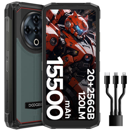 DOOGEE Fire 6 Power Outdoor Handy Ohne Vertrag 20GB + 256GB/2TB Outdoor Smartphone, 15500mAh, 6,56 Zoll HD+ Outdoor Handy Android 14, 50MP Kameran, Taschenlampe, Dual 4G SIM/NFC/Face ID/Fingerabdruck