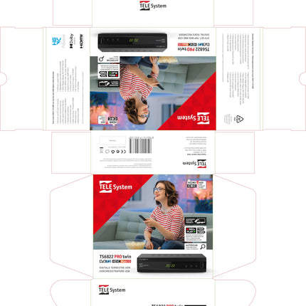 TELE System TS6822 PRO DVB-T2 HEVC digitaalne maapealne dekooder ja topelttuuner DVR-T2 HD HDR (HDR10 / HLG) ekraani ja kaugjuhtimispuldiga 2-ühes teleri juhtimisega