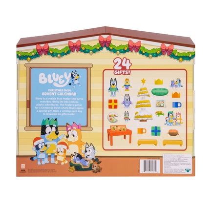 BlueY jõulud Heelersite juures: Bluey advendikalender, jõulupakett sisaldab 24 üllatust 24 ukse taga, paljastades 3 suplevat jõulufiguuri, 18 aksessuaari ja 3 kleebist.