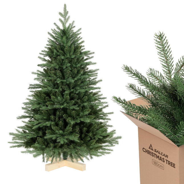 SALCAR kunstkuusk 180 cm puidust alusega, PE-st elutruud survevalu elemendid ja PVC-st Nordmanni kuusk, 1,8 m kunstkuusk (Ø 122 cm)