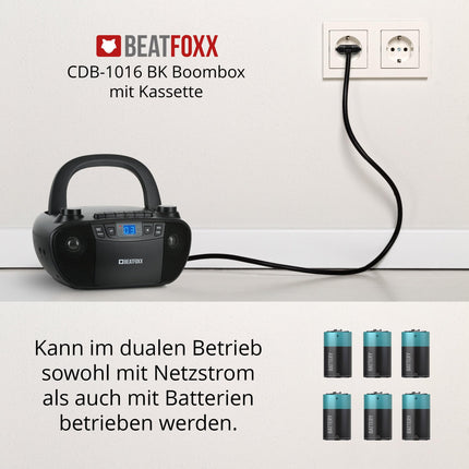 Beatfoxx CDB-1016 BK Boombox kasseti, CD-mängija, raadio ja kandekäepidemega - Diktofon AUX-sisendiga ja kõrvaklapiväljundiga - Toiteallikaks toitekaabel või 6x C-tüüpi patareid - Lastele ja täiskasvanutele