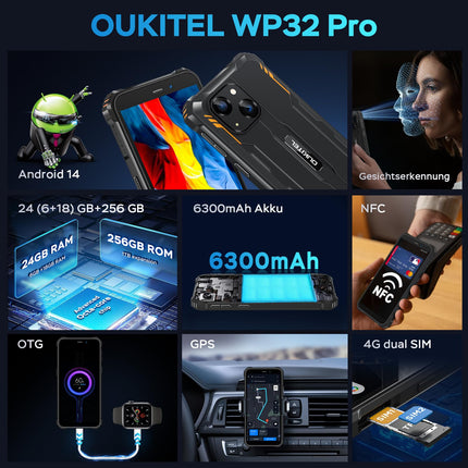 OUKITEL WP32Pro Outdoor Smartphone Without Contract, Android 14 Octa-Core Cheap Mobile Phone, 6300mAh Battery, 6" HD+ Display, 24GB+256GB Mobile Phone 4G, IP68 Waterproof, 5+20MP Camera, Dual SIM, OTG-Orange