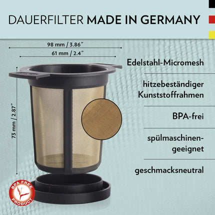 finum® KEETMISKORVIDE KOMPLEKT M Teesõel lahtisele teele, Roostevabast terasest teefilter tilgakogumisalusega, Püsiv filter teele ja kohvile, BPA-vaba, Suurus M, Must