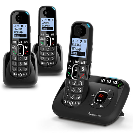 Amplicomms BigTel 1583 Trio juhtmeta DECT suurte nuppudega telefon, automaatvastaja, KOLM telefonitoru, helivõimendus, valjud helinad, ühildub kuuldeaparaatidega, ei sega