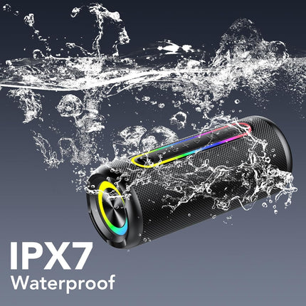 Bluetooth speaker with light, Bluetooth 5.4 music box, 30W dual speakers, dual bass drivers, 30-hour battery life, IPX7 waterproof, TWS pairing, AUX, TF card, suitable for outdoor/party/travel, black