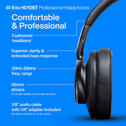 PreSonus Eris HD10BT professionaalsed kõrvaklapid aktiivse mürasummutuse ja Bluetooth-tehnoloogiaga
