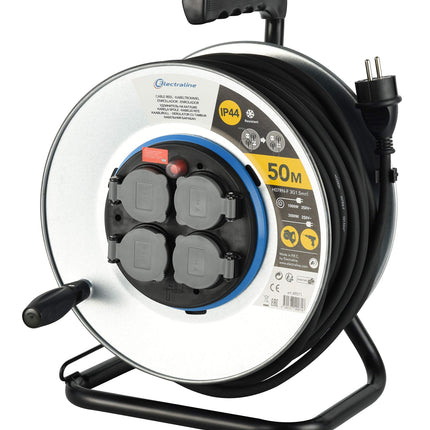 Electraline Pro-Line 49071, metallkaablirull, professionaalne ja fikseeritud plaadiga, kummikaabel H07 RN-F 3G1.5 50 m kaabel-IP44 välistingimustes kasutamiseks/kaablirull 4 Schuko pistikupesaga, metall