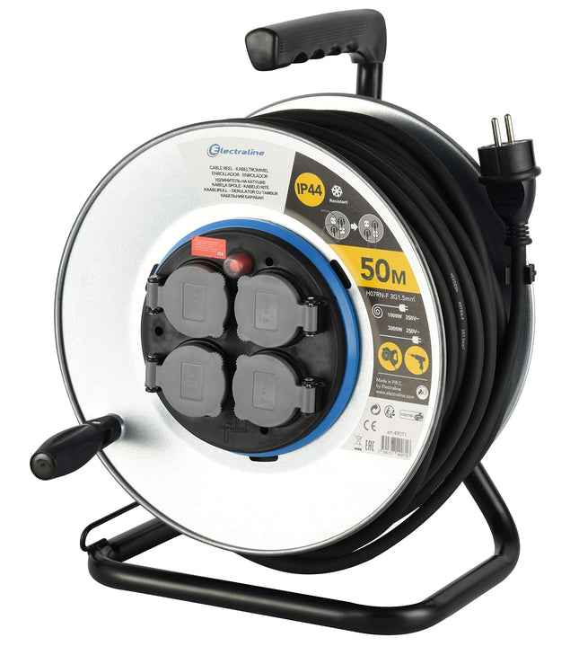 Electraline Pro-Line 49071, metallkaablirull, professionaalne ja fikseeritud plaadiga, kummikaabel H07 RN-F 3G1.5 50 m kaabel-IP44 välistingimustes kasutamiseks/kaablirull 4 Schuko pistikupesaga, metall