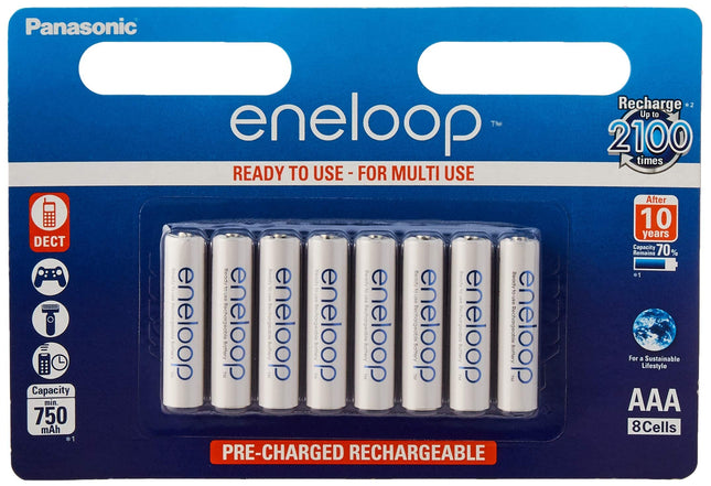 Panasonic eneloop, Ready-to-Use Ni-MH Battery, AAA Micro, 8-pack, min. 750 mAh, 2100 charging cycles, high performance and low self-discharge, rechargeable battery, 4228, white