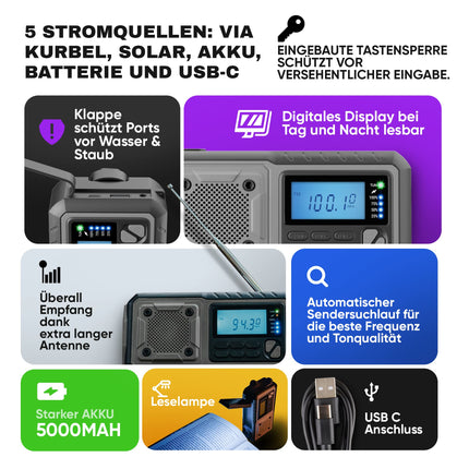 Acta Berg väntraadio | Hädaabiraadio vända ja 5000 mAh akuga | Päikeseenergial töötav raadio maailmavastuvõtjaga | Käsivändaga pimendav hädaabivarustus | Taskulamp ja laadija, AM/FM/SW, USB-ga, hall