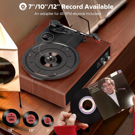 Record Player, FYDEE Vinyl Record Player with Built-in Stereo Speakers, Bluetooth Record Player with Transmitter, 3 Speeds 33/45/78 RPM, Supports RCA and AUX, Walnut
