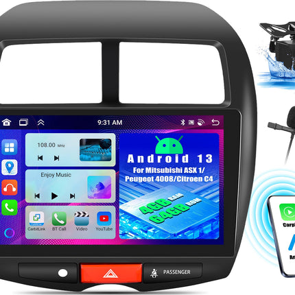 OiLiehu 4+64G Android 13 topelt-Din raadio CarPlay Android Auto Mitsubishi ASX 1/Peugeot 4008/Citroen C4 autoraadio ekraaniga 10,1-tolline autoraadio Bluetooth FM RDS GPS WiFi SWC + tahavaatekaamera
