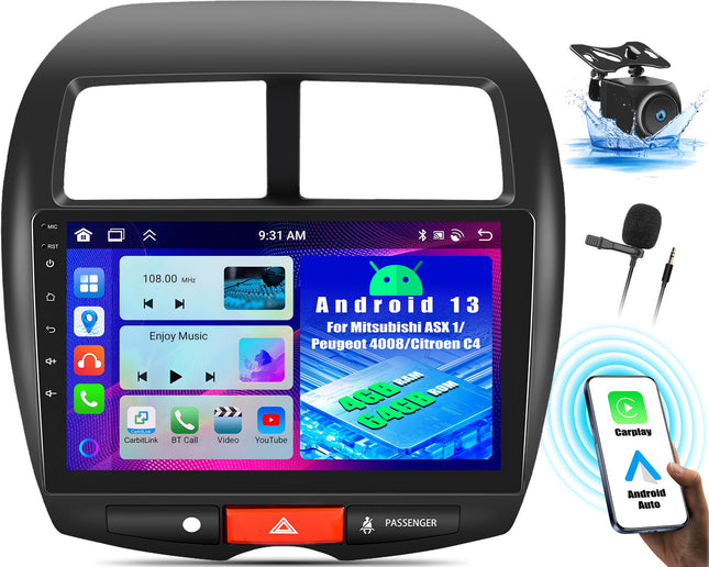 OiLiehu 4+64G Android 13 Double Din Radio CarPlay Android Auto for Mitsubishi ASX 1/Peugeot 4008/Citroen C4 Car Radio With Screen 10.1 Inch Car Radio Bluetooth FM RDS GPS WiFi SWC+Rear View Camera