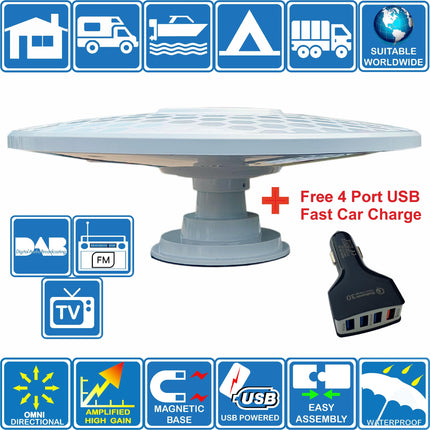 Helio-Magnet pikamaa digitaalne HD TV antenn, 360° igasuunaline, 33dB suure võimendusega võimendi UHF FM DAB. Toide 12V/24V/5V USB kaudu. Ideaalne matkaautodele, veoautodele, haagissuvilatele ja mererakendustele.