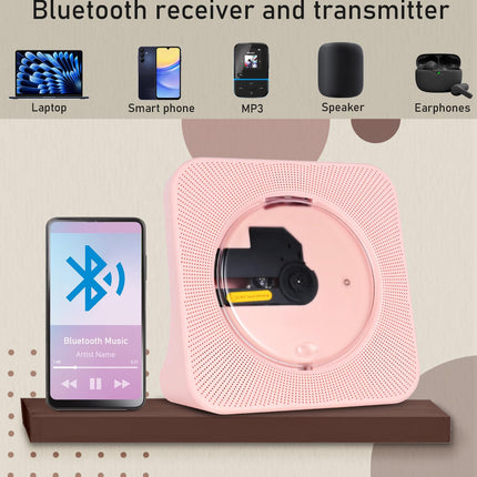 Roosa CD-mängija lastele, kaasaskantav CD-mängija Bluetooth 5.0-ga, kodune muusikapleier sisseehitatud HiFi-kõlaritega, FM-raadio, taimeri, USB-pordi, AUX-pesa, kaugjuhtimispuldiga (kõrvaklappide kaabel kaasas)