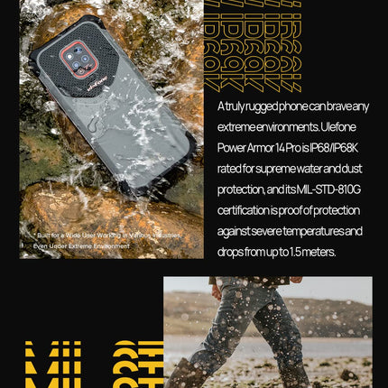 Ulefone Power Armor 14 PRO (8GB RAM) Outdoor Smartphone without Contract Android 12, 10000mAh Battery, IP68 Mobile Phone Helio G85 128GB ROM, 6.52'' 20MP+16MP Camera (Underwater Photography), NFC Wireless Charging GPS
