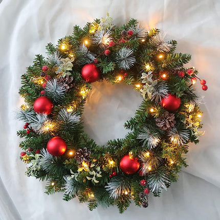 40CM door wreath Christmas illuminated, artificial Christmas wreath Advent wreath with Christmas tree balls and branches decorative wreath, Christmas decoration, Christmas decoration fir garland with lighting (A)