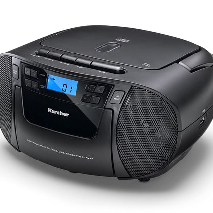 Karcher RR 5045 kaasaskantav CD-raadio (CD-mängija, kasseti, FM-raadio, vooluvõrgust töötav, USB ja AUX-sisendiga) must