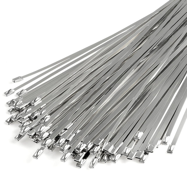 100 tükki ketiga aiasidemeid, 11,8-tollised iselukustuvad metallsidemed, mis on valmistatud 304 roostevabast terasest, laialdaselt kasutatavad fikseeritud aedade, ketiga aiarullide, väljalasketorude, välistingimuste, töökodade jms jaoks.