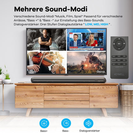 Heymell 150W 2.1-kanaliline teleri heliriba integreeritud subwooferiga, 91 cm Clear Voice'i ruumilise heli süsteem, heliriba Bluetooth HDMI ARC optiline AUX. Komplektis HDMI-kaabel