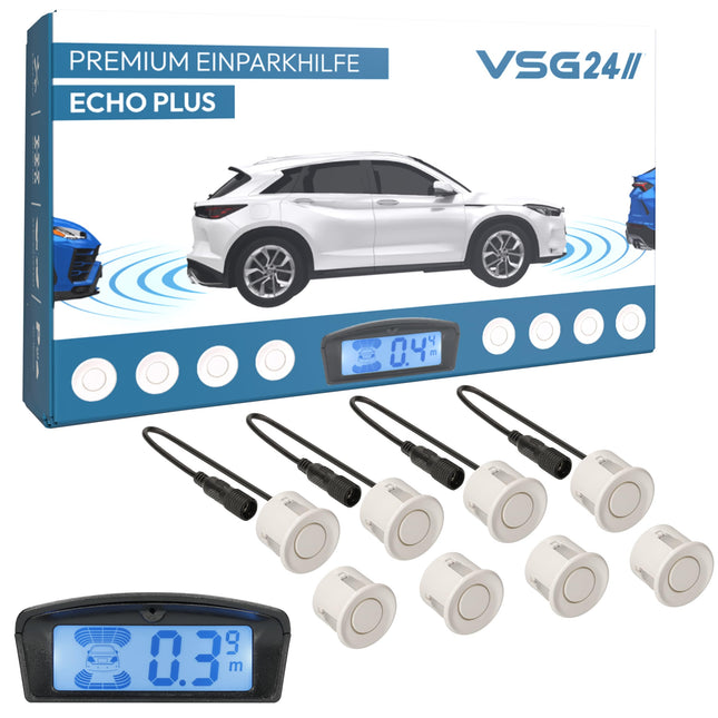 VSG24 Premium Combi Parking Aid with Display for Retrofitting on Cars, PDC Parking Sensors Front and Rear with Plug-in System for Easy Installation - 8 Reversing Alarm Sensors Parking Aid Retrofit Kit White