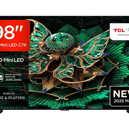 TCL 98C7K 98-tolline QD-Mini LED-teler, 4K HDR Premium 3000, nutikas Google TV 144Hz Motion Clarity Pro tehnoloogiaga (Dolby Vision IQ ja Atmos, CrystGlow HVA paneel, Bang &amp; Olufseni heli, Game Master)