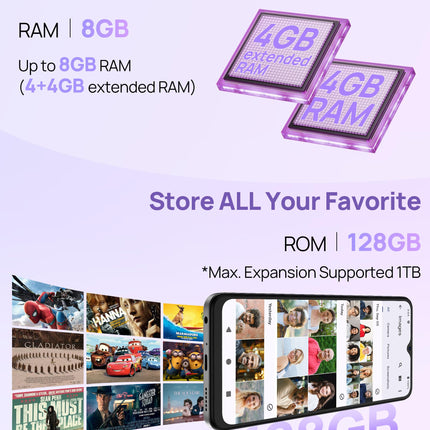 Ulefone Note 21 nutitelefon, 8GB+128GB/SD-1TB Android 14 mobiiltelefon, 90Hz 6.65" HD+ Octa Core kahe SIM-kaardiga 4G telefon Unisoc T606, 5000mAh mobiiltelefon, 13MP+8MP kaamera/GPS/OTG/Face ID/Sõrmejäljelugeja lilla