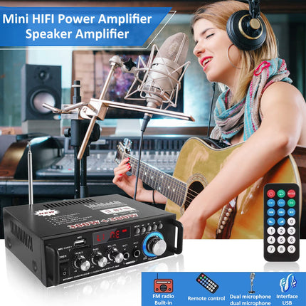 Etlephe Mini Amplifier, HIFI Amplifier, Bluetooth 5.0 Stereo Audio, 12 V 220 V 600 W, 2 Channels, LCD Display, High Fidelity, Portable FM Radio, SD/USB Card Input, for Home or Car