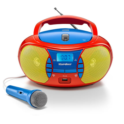 Karcher RR 5026 kaasaskantav CD-raadio - värviline laste boombox CD-mängija, FM-raadio, USB ja mikrofoniga - töötab aku/võrguvõrguga