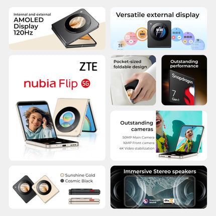 ZTE Nubia Flip 5G nutitelefon, 17,7 cm (6,9-tolline) FHD AMOLED ekraan, 3,6 cm (1,43-tolline) väline ekraan, 8 GB RAM (laiendatav), 256 GB ROM, 50 MP + 2 MP topeltkaamera, 4310 mAh aku, 33 W