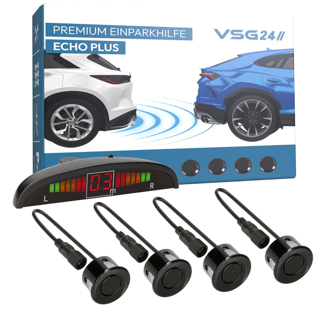 VSG24 Premium rear parking aid with display for retrofitting on the car, PDC parking sensors rear with plug-in system for easy installation - 4 reversing alarm sensors parking aid retrofit kit black