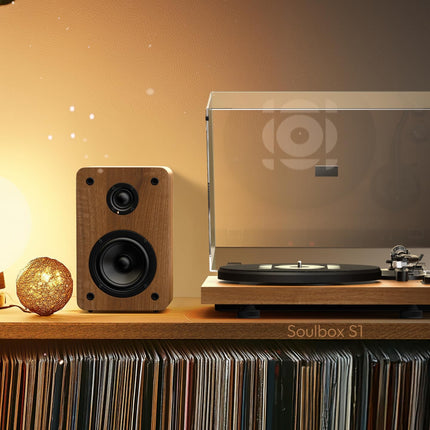 Qlearsoul SoulBox S1 plaadimängija stereokõlaritega, Bluetooth-plaadimängija, vinüülplaadimängija integreeritud eelvõimendiga, S-kujuline toonarm, 33/45 p/min
