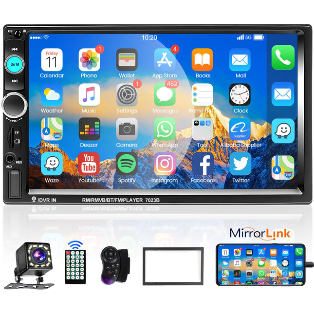 Podofo 2 Din Car Radio with Screen 7'' Mirror Link For IOS/Android Bluetooth Handsfree FM Radio USB Steering Wheel Control 7 Color Button AUX-IN with 12LED Rear View Camera